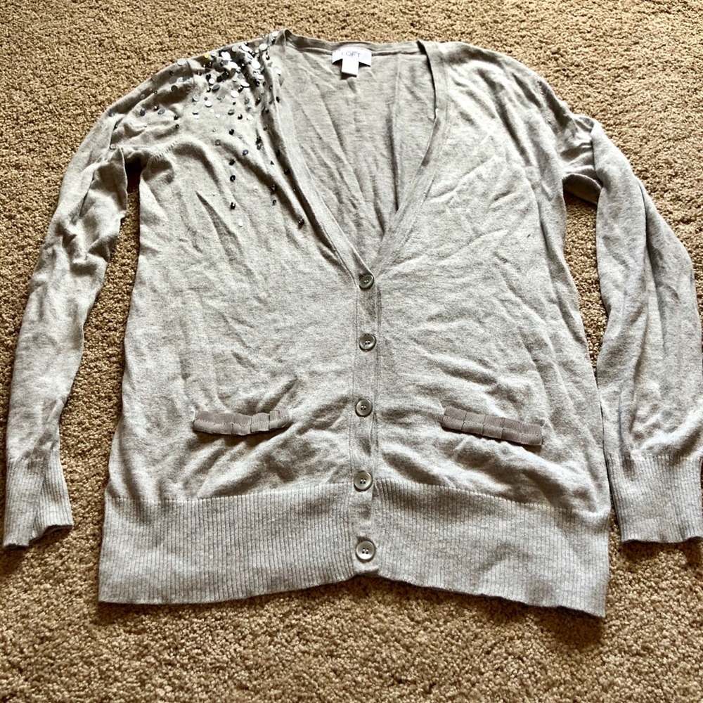 Sequined should light gray cardigan.